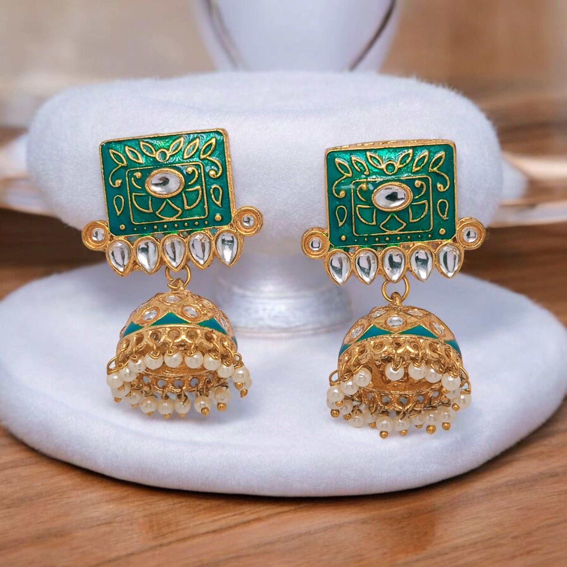 Astria Jewellery Green Meenakari Kundan Jhumka Earrings for Women | Gold Plated Ethnic Pearl Drop Earrings | Traditional & Festive Jewellery Astria Jewellery