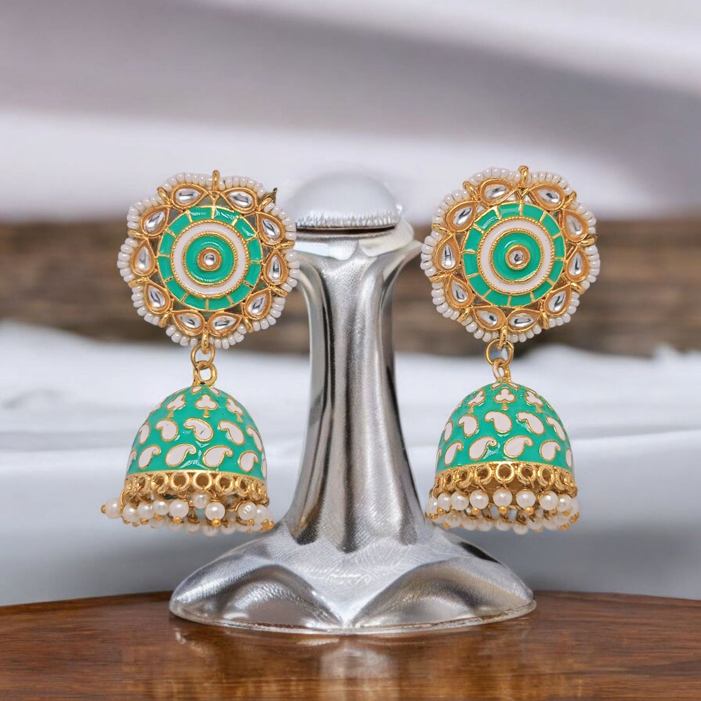 Astria Jewellery Green Meenakari Kundan Jhumka Earrings for Women | Gold Plated Circular Ethnic Earrings with Pearl Drops | Festive & Wedding Jewellery Astria Jewellery