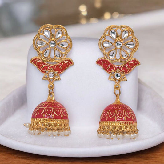 Astria Jewellery Red Meenakari Kundan Jhumka Earrings for Women | Gold Plated Floral Ethnic Earrings with Pearl Drops | Traditional & Festive Jewellery Astria Jewellery