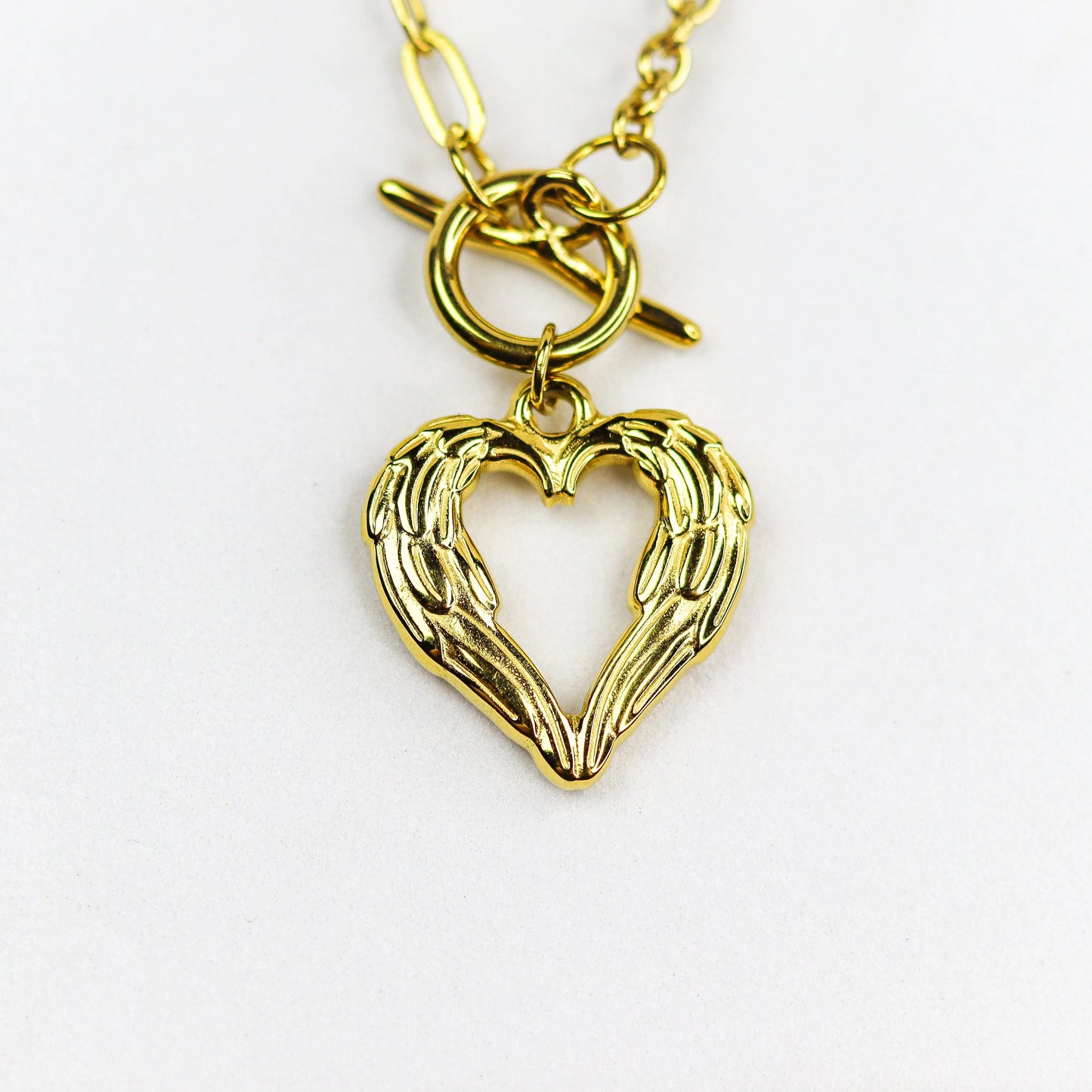 Gold Angel Wing Heart Pendant Necklace for Women | Toggle Clasp Chain Necklace | Minimalist Statement Jewelry