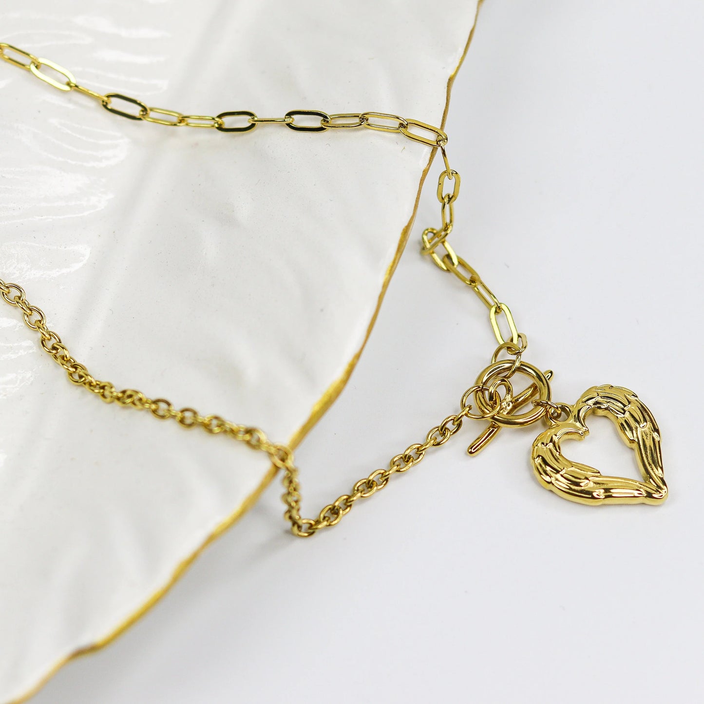 Gold Angel Wing Heart Pendant Necklace for Women | Toggle Clasp Chain Necklace | Minimalist Statement Jewelry