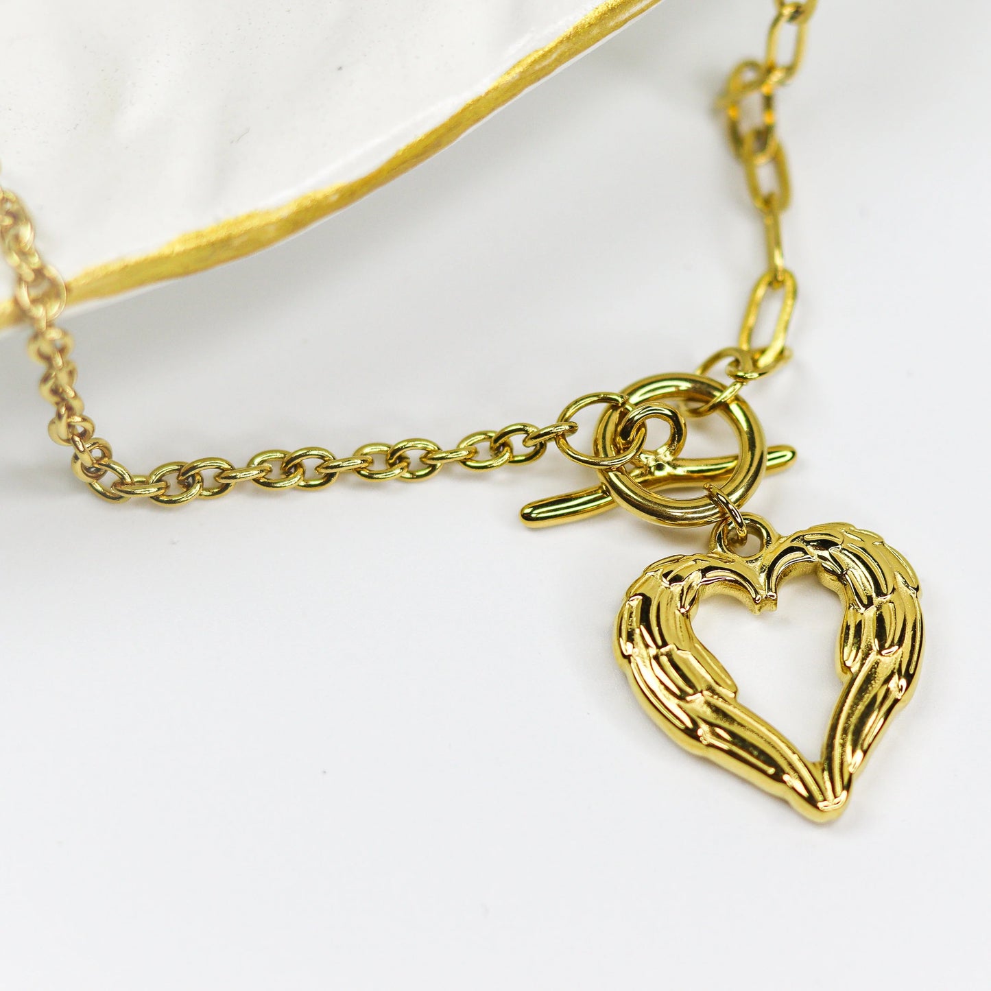 Gold Angel Wing Heart Pendant Necklace for Women | Toggle Clasp Chain Necklace | Minimalist Statement Jewelry