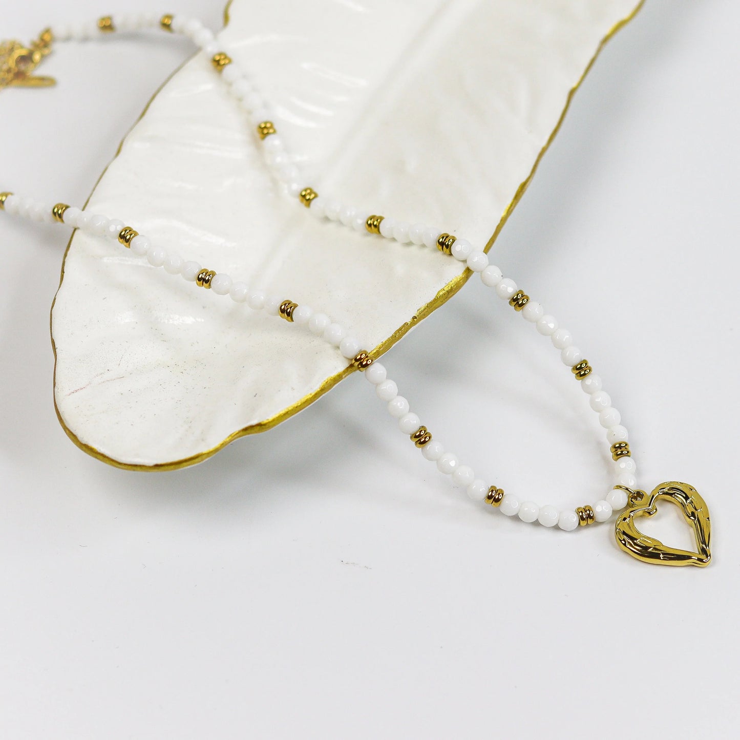 White Beaded Heart Pendant Necklace for Women | Gold Heart Charm Necklace | Minimalist Layered Bead Necklace