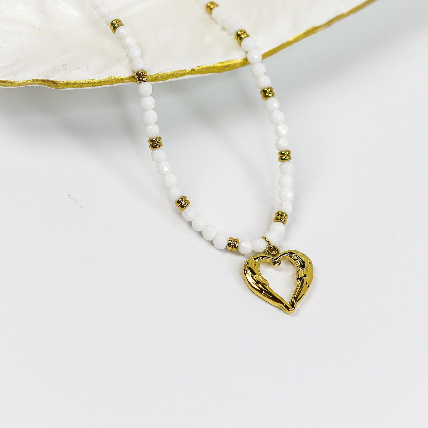 White Beaded Heart Pendant Necklace for Women | Gold Heart Charm Necklace | Minimalist Layered Bead Necklace