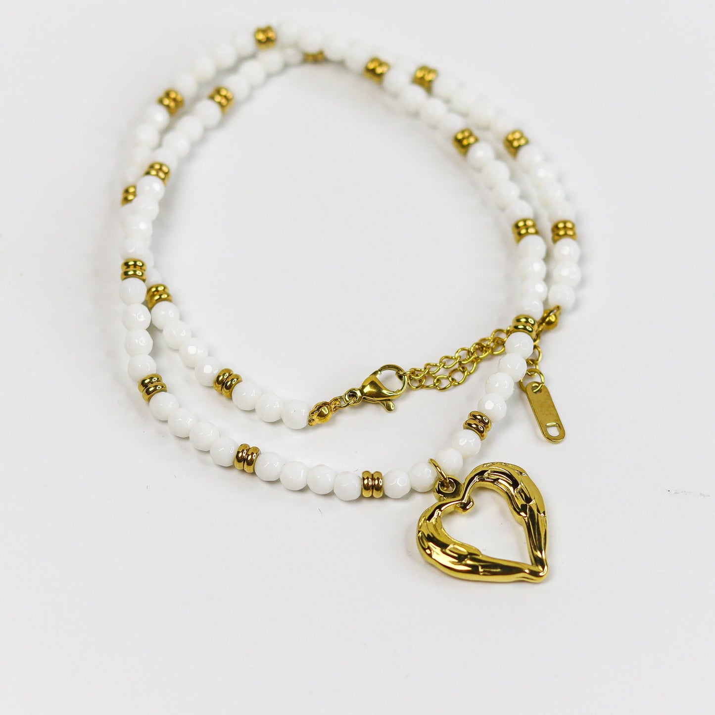 White Beaded Heart Pendant Necklace for Women | Gold Heart Charm Necklace | Minimalist Layered Bead Necklace