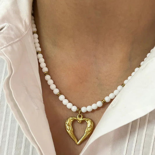White Beaded Heart Pendant Necklace for Women | Gold Heart Charm Necklace | Minimalist Layered Bead Necklace Astria Jewellery