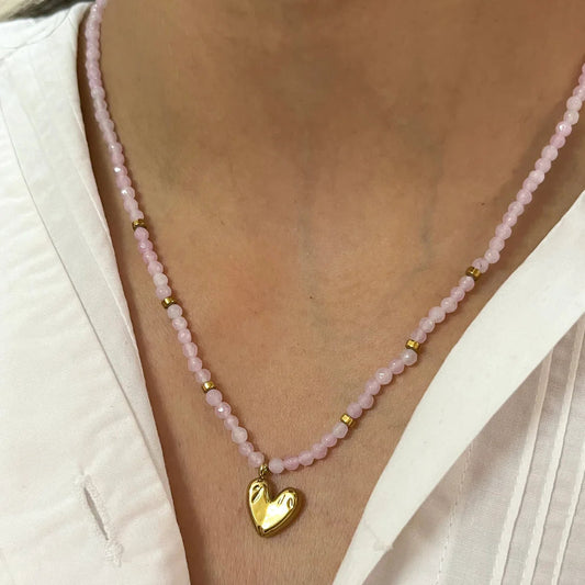 Pink Beaded Heart Pendant Necklace for Women | Gold Heart Charm Necklace | Minimalist Bead Choker Necklace Astria Jewellery