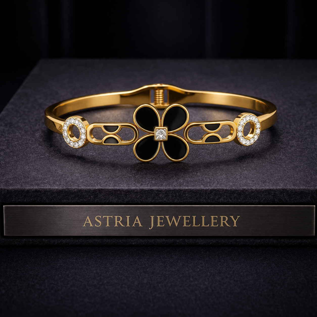 Astria Jewellery Gold-Plated Floral Clover Cuff Bangle with Crystal Accents for Women