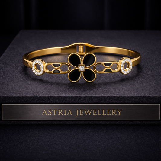 Astria Jewellery Gold-Plated Floral Clover Cuff Bangle with Crystal Accents for Women