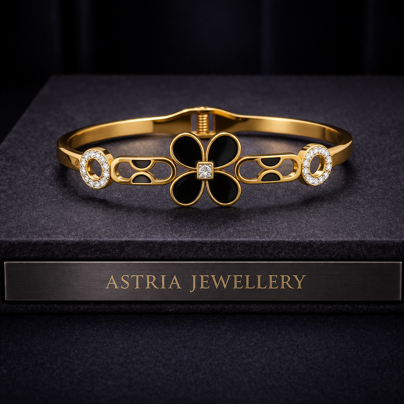 Astria Jewellery Gold-Plated Floral Clover Cuff Bangle with Crystal Accents for Women
