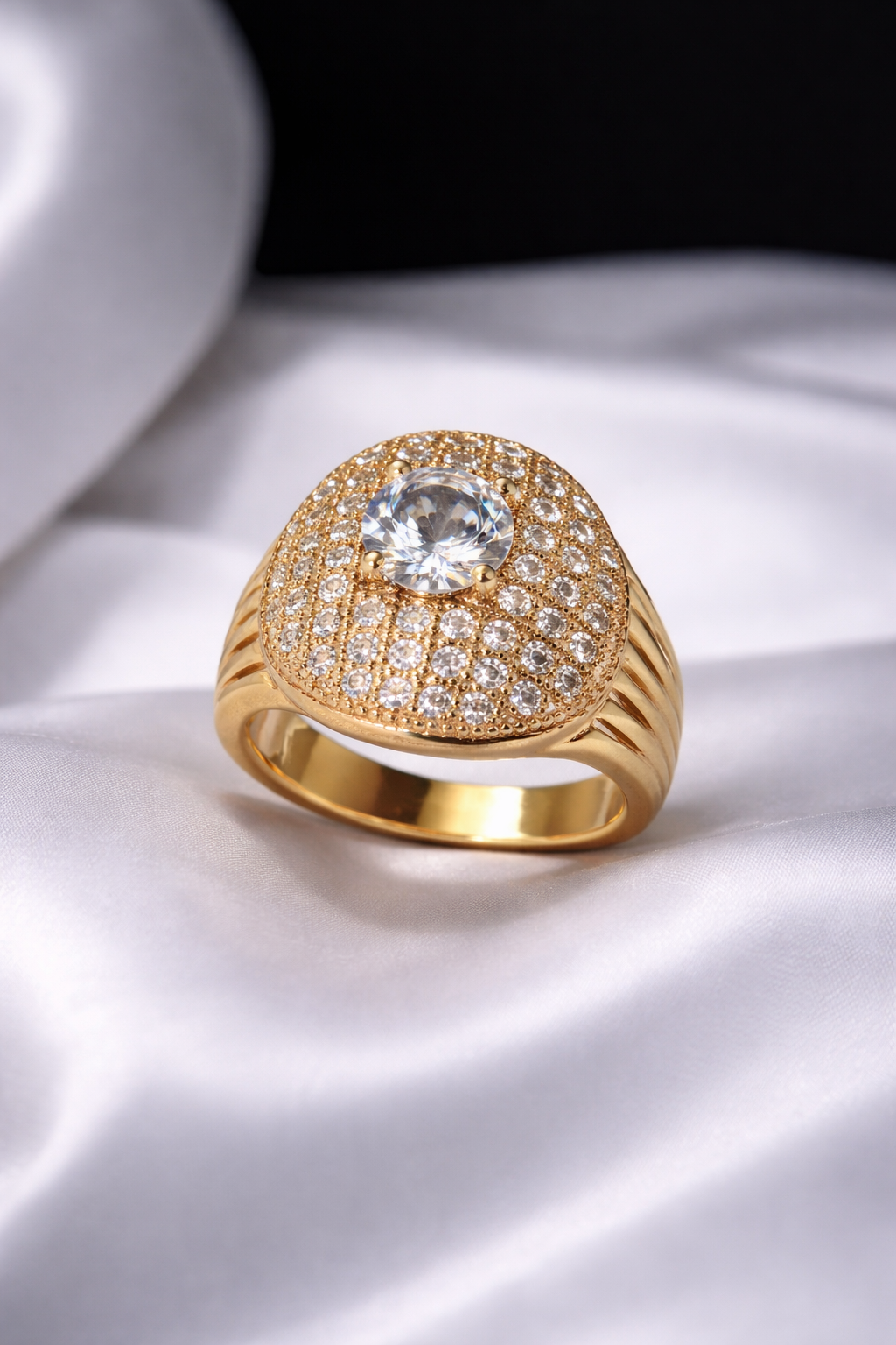 Gold Plated Crystal Statement Ring for Women | Round Halo Design Cubic Zirconia Ring | Luxury Party & Wedding Wear Ring