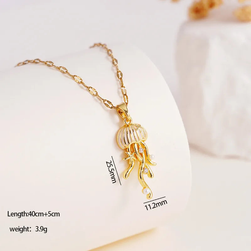 Gold Jellyfish Pendant Necklace for Women | Ocean-Inspired Pearl & Crystal Necklace | Elegant Snake Chain Necklace