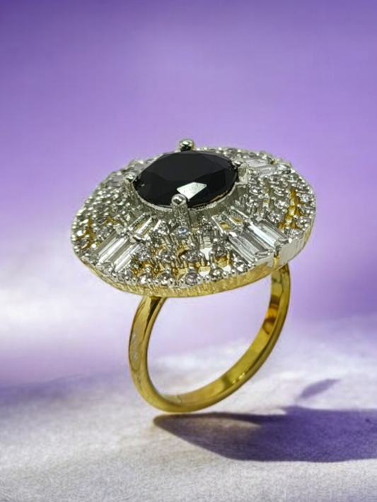 Astria Jewellery Gold Plated Black Oval Crystal Ring – Premium Party & Wedding | Engagement & Promise Ring |18K Gold Plated Stainless Steel, Customizable