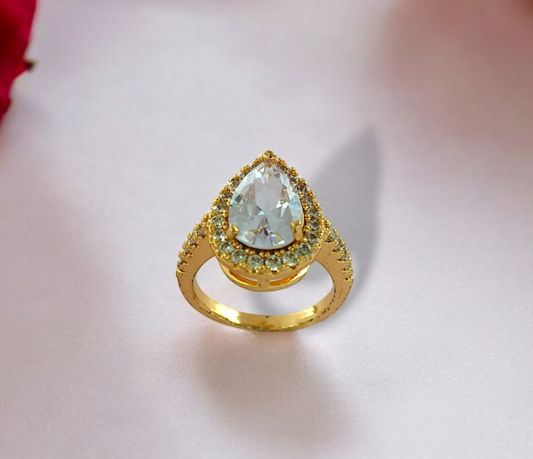 Astria Jewellery Gold Plated Pear Cut CZ Ring for Women – Halo Solitaire Engagement & Promise Ring |18K Gold Plated Stainless Steel, Customizable