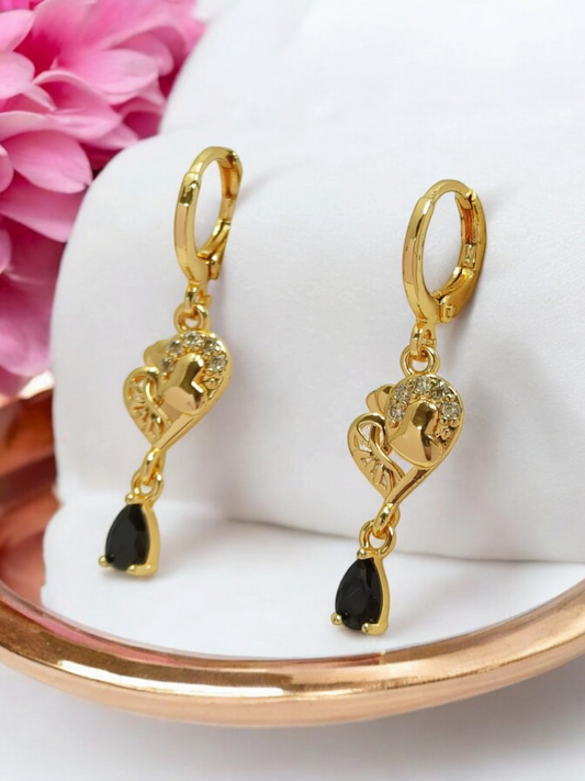 Astria Jewellery Gold Plated Heart Drop Hoop Earrings with Black Stone for Women | Crystal Accent Romantic Design | Elegant Party & Daily Wear Jewellery