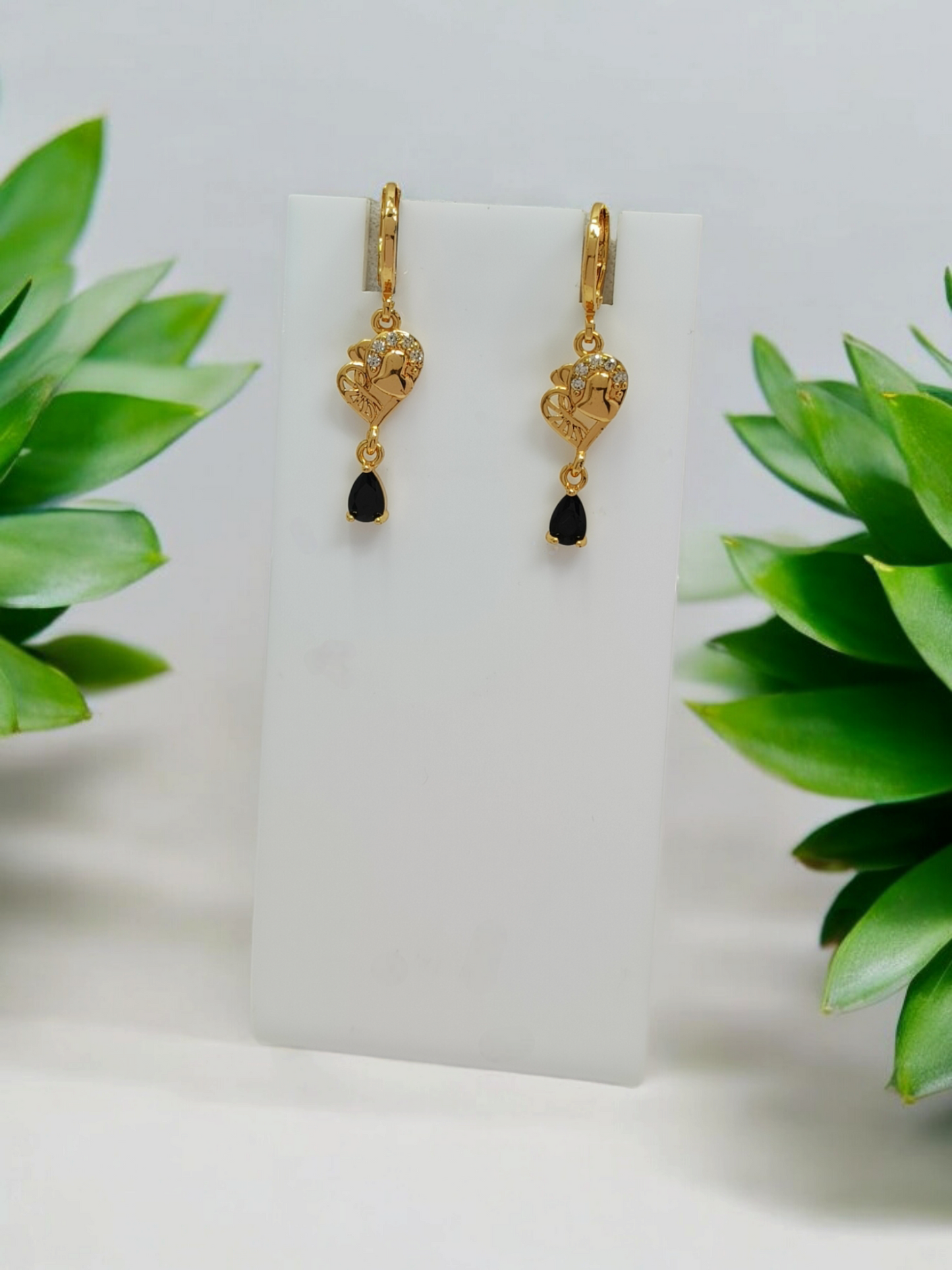 Astria Jewellery Gold Plated Heart Drop Hoop Earrings with Black Stone for Women | Crystal Accent Romantic Design | Elegant Party & Daily Wear Jewellery
