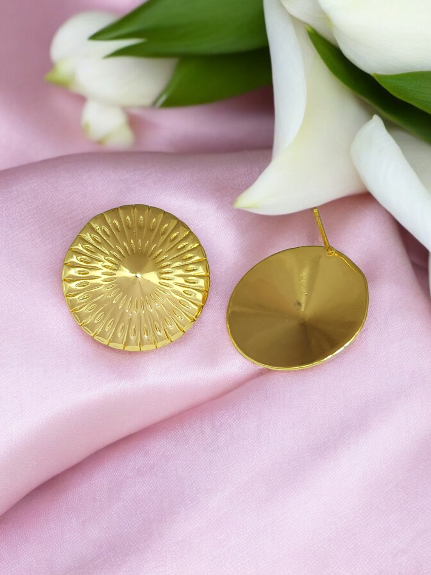Astria Jewellery Gold Plated Textured Disc Stud Earrings for Women | Minimal Round Sunburst Design | Lightweight Daily Wear & Party Jewellery