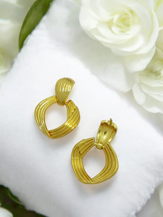 Astria Jewellery Gold Plated Ribbed Hoop Drop Earrings for Women | Textured Geometric Design | Elegant Statement Daily Wear & Party Jewellery Astria Jewellery