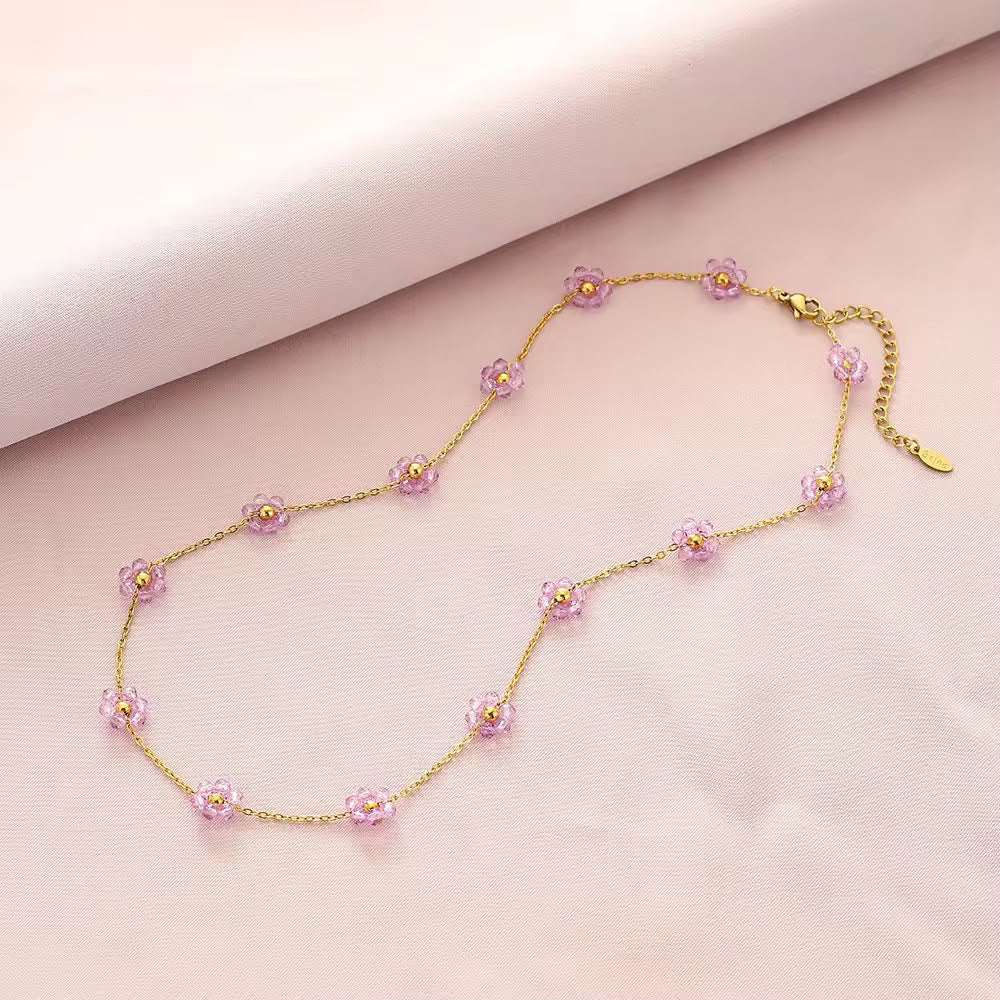 Pink Crystal Flower Station Necklace for Women | Gold Floral Beaded Chain Necklace | Elegant Dainty Necklace