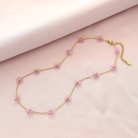 Pink Crystal Flower Station Necklace for Women | Gold Floral Beaded Chain Necklace | Elegant Dainty Necklace Astria Jewellery