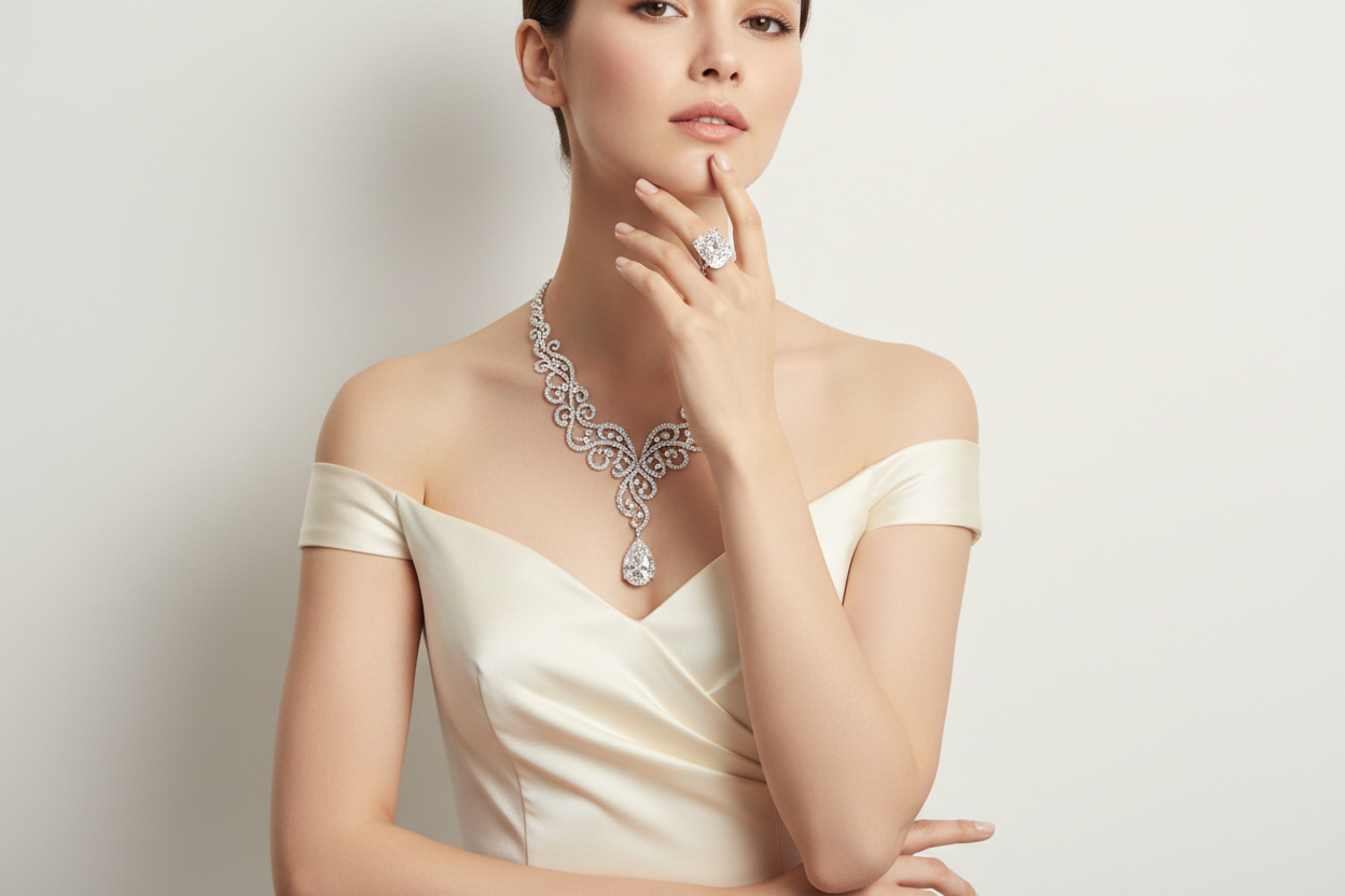 a model wearing diamond necklace and ring