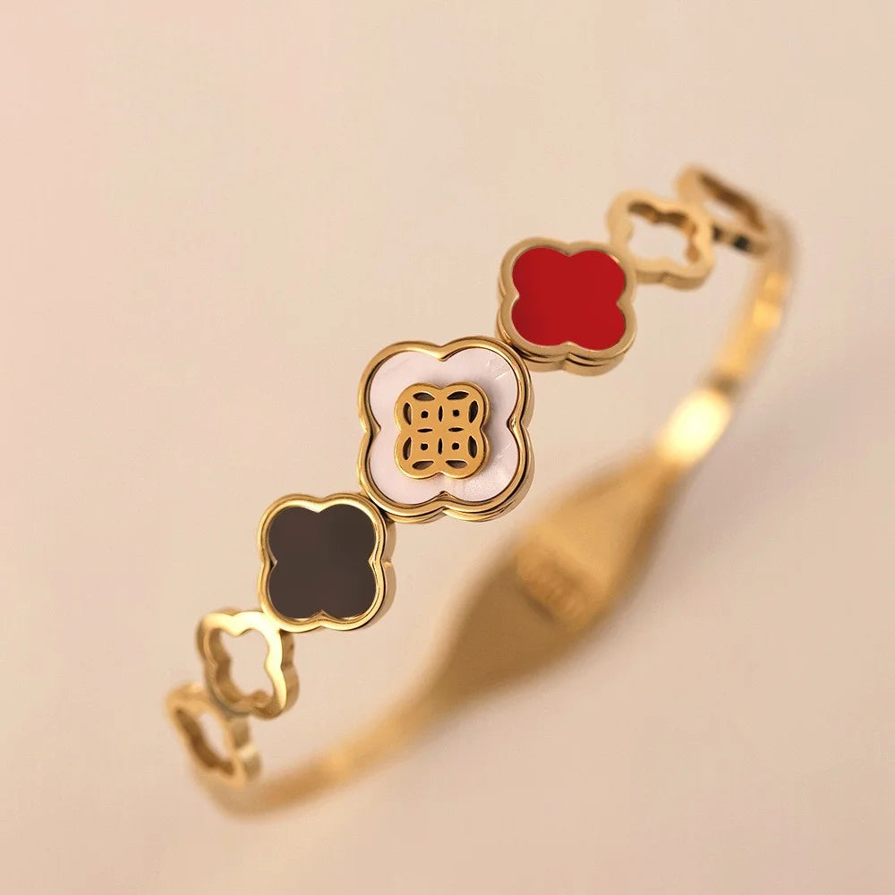 Astria Jewellery Gold-Plated Clover Enamel Bangle Bracelet for Women