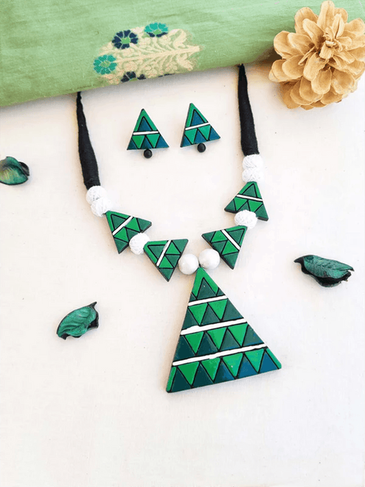Abstract Triangle Hand Painted Necklace and Earring set in green and blue with black thread and white beads