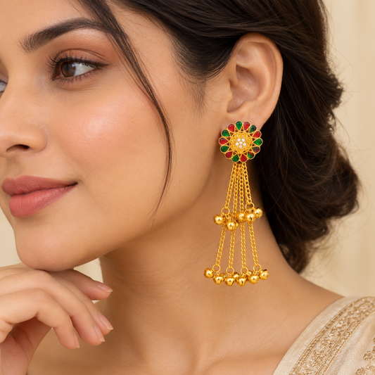 Gold Plated Red Green Floral Long Chain Dangle Earring ASTRIA JEWELLERY