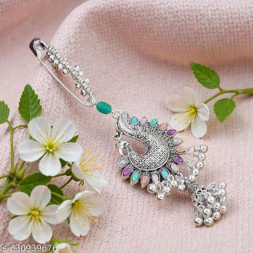 Peacock Saree Pin with Silver-Tone Embellished Design ASTRIA JEWELLERY