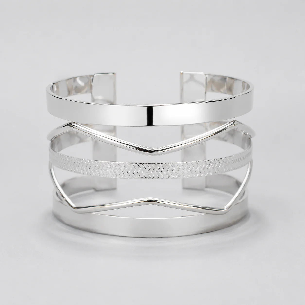 Silver Layered Open Cuff Bracelet for Women | Multi-Layer Stainless Steel Bangle | Minimalist Statement Cuff