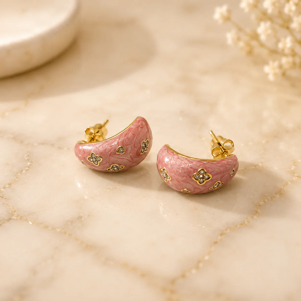 Pink Floral Enamel Half Hoop Earrings for Women | Gold Plated Designer Stud Earrings | Anti-Tarnish Luxury Earrings