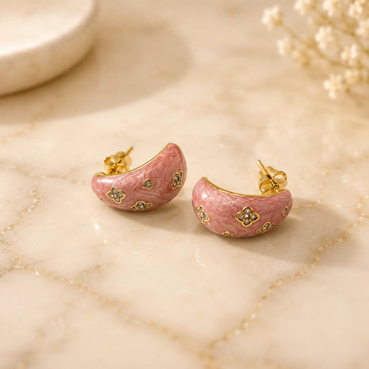 Pink Floral Enamel Half Hoop Earrings for Women | Gold Plated Designer Stud Earrings | Anti-Tarnish Luxury Earrings Astria Jewellery