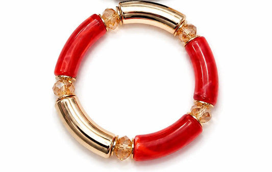 Red Resin & Gold Beaded Stretch Bracelet for Women | Elastic Statement Bracelet | Fashion Stackable Bracelet Astria Jewellery