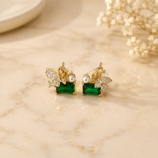 Emerald Green Butterfly Stud Earrings for Women | Pearl & CZ Gold Plated Earrings | Anti-Tarnish Luxury Earrings Astria Jewellery