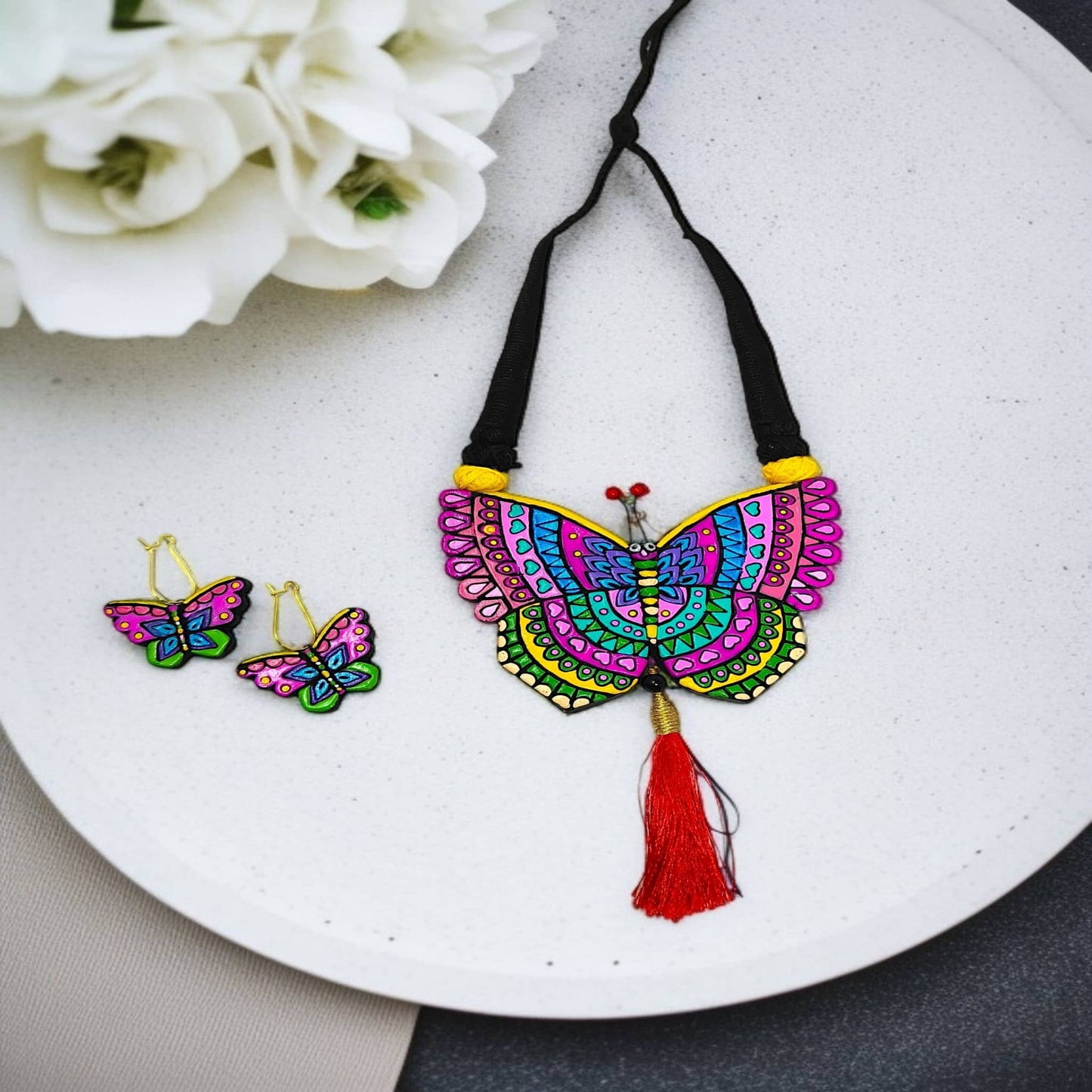 Handmade Butterfly Jewelry Set I Terracotta Jewelry Set colorful butterfly necklace and matching earrings with red tassel