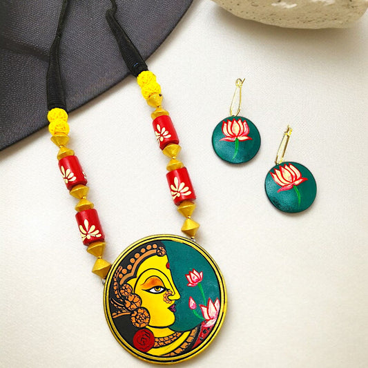 Handmade Indian necklace with colorful painted pendant and matching lotus earrings by ASTRIA JEWELLERY