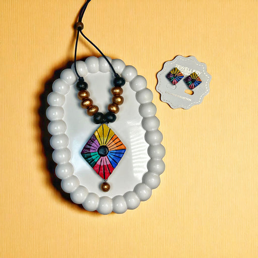 Handmade Kite Necklace And Earring Terracotta Geometry Jewelry Set with colorful geometric pendant and matching earrings
