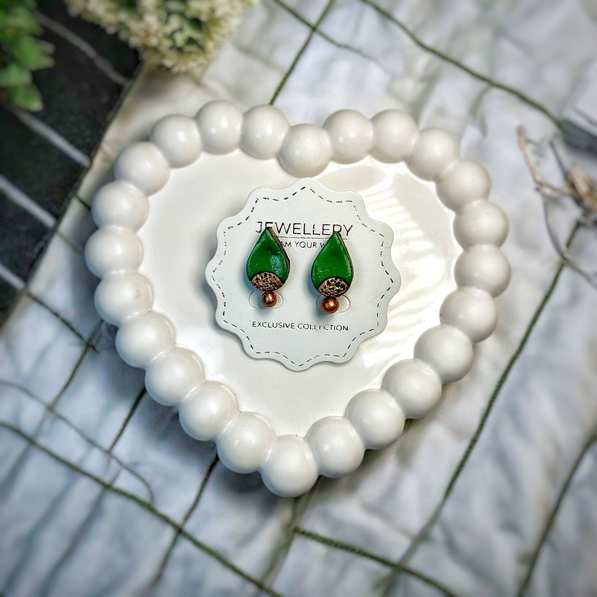 Handmade Studs Earrings Green Bridal Drops with intricate design for special occasions