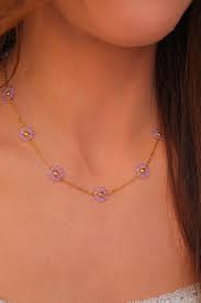 Pink Crystal Flower Station Necklace for Women | Gold Floral Beaded Chain Necklace | Elegant Dainty Necklace Astria Jewellery
