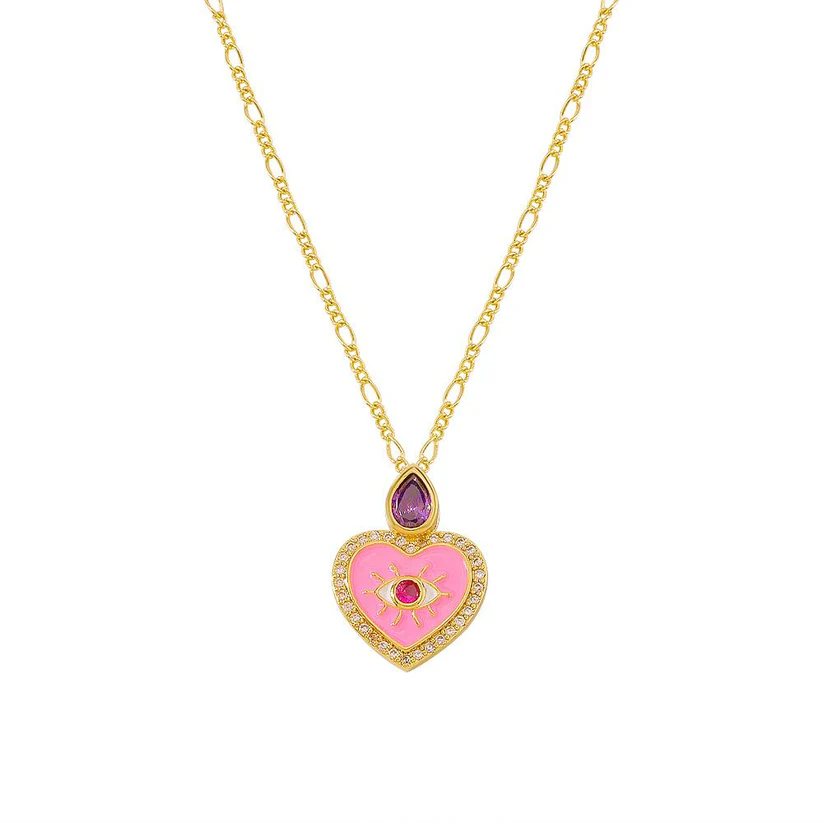 Elegant Pink Heart Charm Necklace with Evil Eye Design