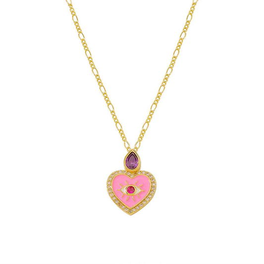 Elegant Pink Heart Charm Necklace with Evil Eye Design