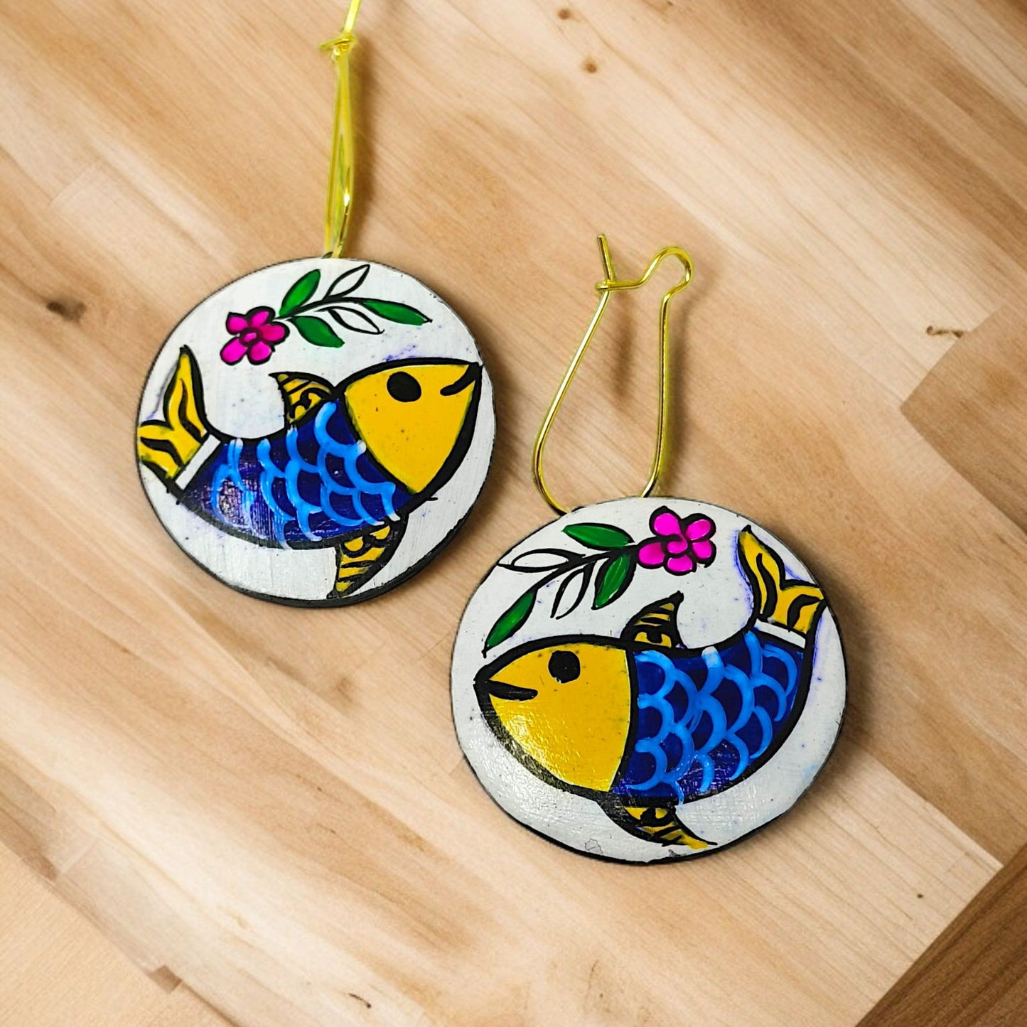 Marrtika Hand Painted Mast Machli Tie Up Necklace Set with Earring featuring blue and yellow fish design on wooden earrings