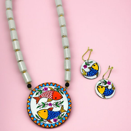 Marrtika Hand Painted Mast Machli Tie Up Necklace Set with Earring featuring colorful fish design on round pendant and earrings