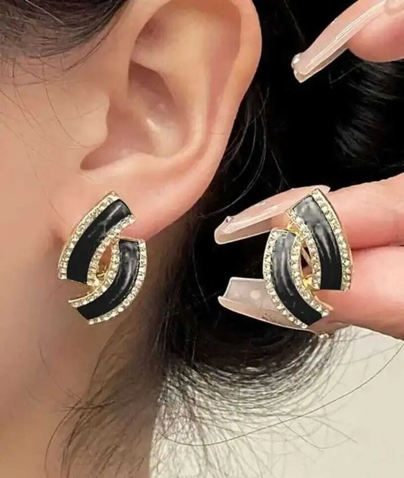 Astria Jewellery Black Enamel Hoop Earrings for Women | Gold Plated Crystal Huggie Earrings | Minimal Elegant Party & Daily Wear Jewellery Astria Jewellery