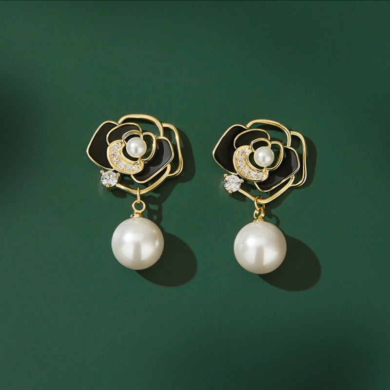 Gold Plated Black Flower Pearl Drop Earrings