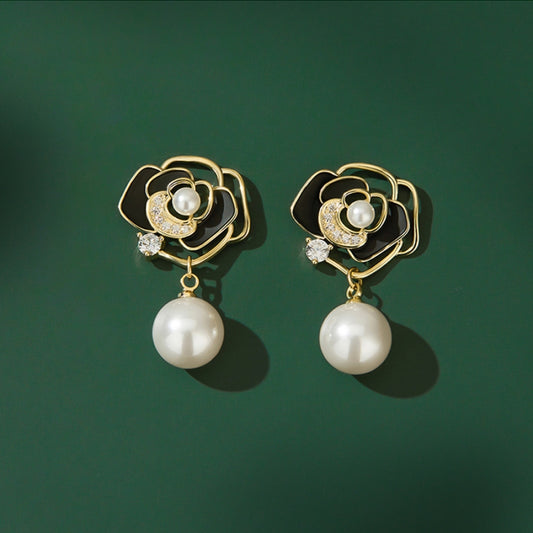 Gold Plated Black Flower Pearl Drop Earrings