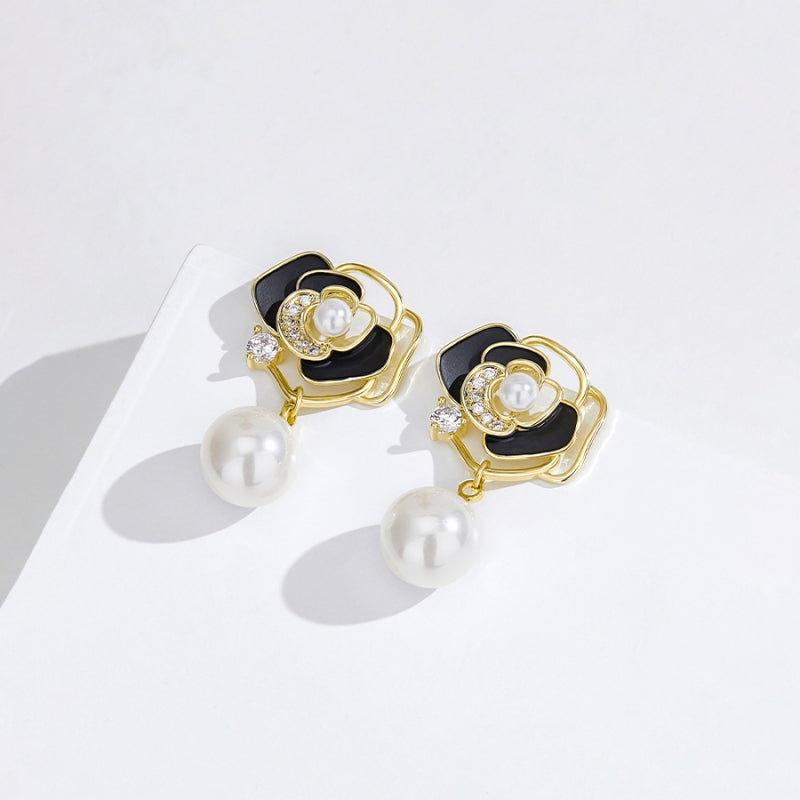 Gold Plated Black Flower Pearl Drop Earrings