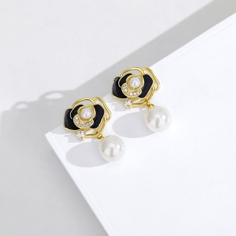 Gold Plated Black Flower Pearl Drop Earrings