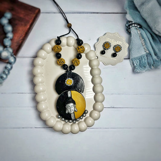 Online Handmade Jewelry Buddha Pendant for Women featuring black and yellow design on beaded necklace