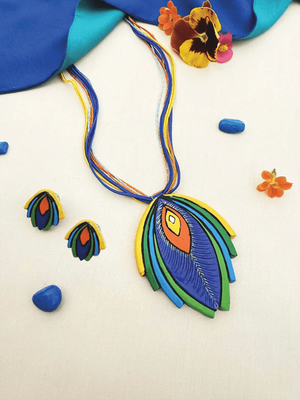 Peacock Feather Terracotta Pendent with Earring set in vibrant blue, green, yellow, and orange colors